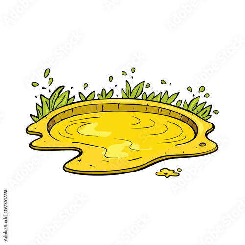 Cartoon puddle with grass and splatters, children's illustration style