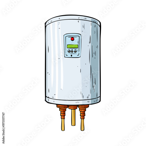 Illustration of a modern electric water heater with digital display and plumbing connections