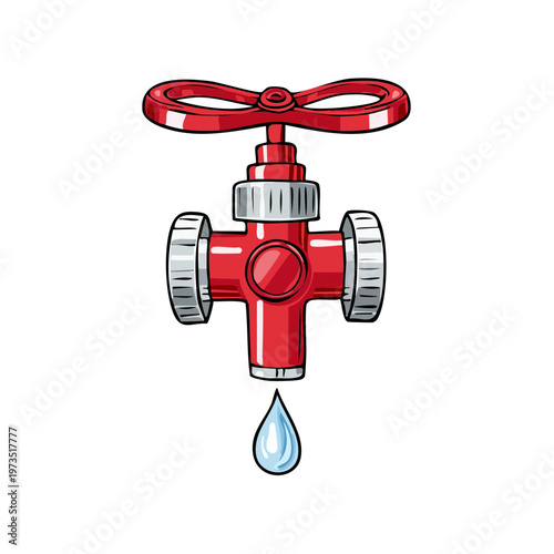 Red fire hydrant valve with water drop falling from spout cartoon illustration