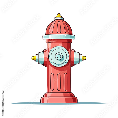 Red cartoon fire hydrant with silver accents against a white background, illustration