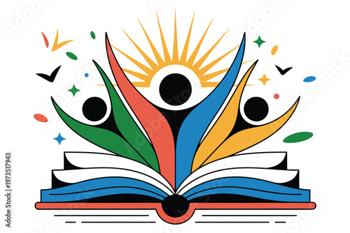 Abstract book logo with colorful human figures rising from pages and sun rays symbolizing education growth knowledge and community unity