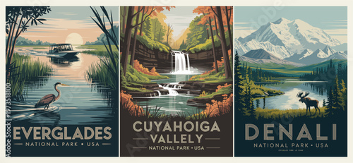 Three vintage travel posters showcase serene U.S. National parks. Each features nature's grandeur in warm, nostalgic tones. Heron stands still by calm waters at Everglades