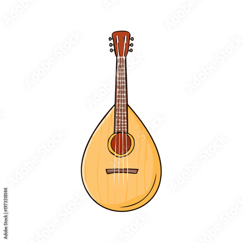 Acoustic mandolin lute musical instrument with a pear shaped body and six strings isolated on a white background