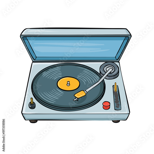 Retro record player with spinning vinyl and stylus ready to play vintage music