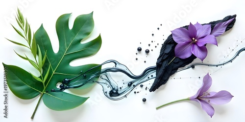 Elegant botanical composition with monstera leaf, purple flowers and flowing water splash on white background, artistic nature concept