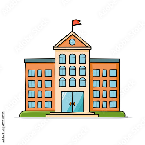 Cartoon illustration of a classic school building with a red flag on the roof and blue windows, representing education and learning.