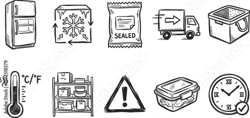 Hand-drawn food storage safety doodle icon pack with dark red sketch vectors featuring refrigerator, freezer, delivery, temperature control, containers, warning, shelves, and timing symbols