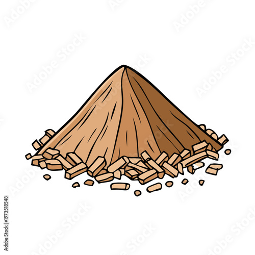 Illustration of a pile of wood chips and sawdust with broken pieces around the base