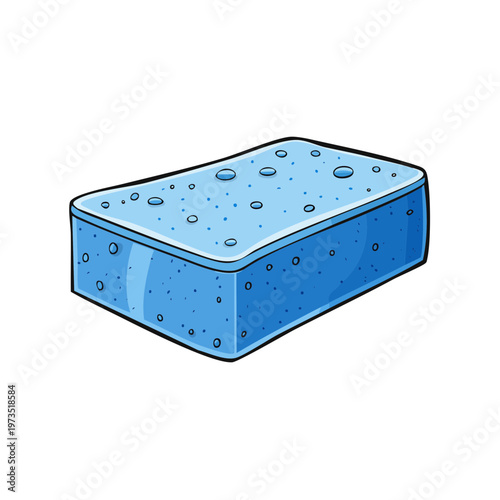 Blue cartoon sponge with water droplets, illustration for cleaning and household tasks