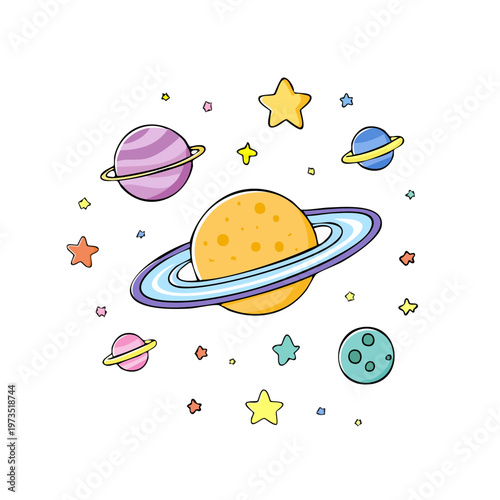 Cute cartoon planets and stars in vibrant colors with playful celestial orbits and cosmic formations