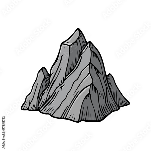 A rugged mountain peak illustration with sharp angles and shaded rock faces in a hand drawn style