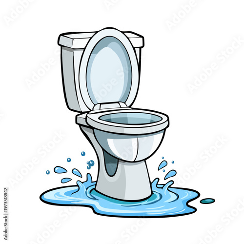 Cartoon illustration of a white toilet overflowing with water causing a flood