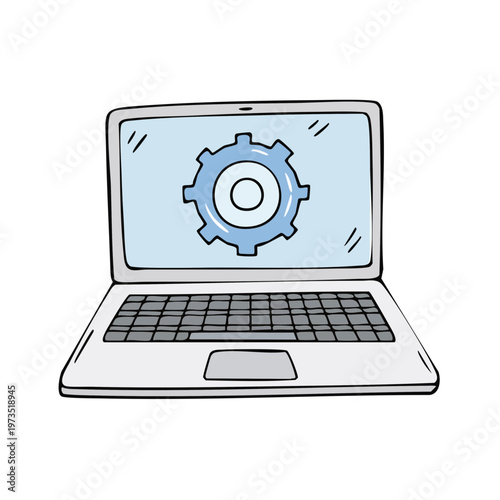 Laptop displaying a gear icon symbolizing settings, configuration, or technical operations