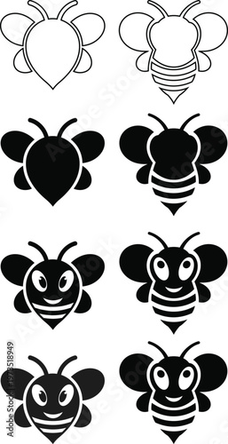 Bee icon set diverse black and white illustrations of honeybees