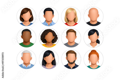 Diverse anonymous avatar profile user icons on transparent background