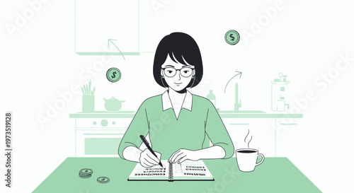 Woman budgeting and planning finances at home with coffee and coins