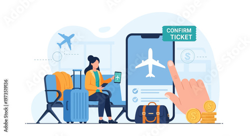 Woman booking flight ticket online via smartphone at airport waiting hall