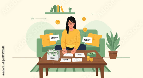 Woman budgeting at home, managing finances, planning monthly expenses, saving money