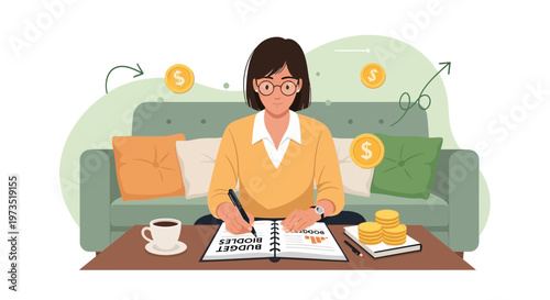 Woman budgeting at home, managing finances with coins and coffee