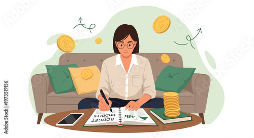 Woman budgeting at home, planning finances, saving money, coins and notebook