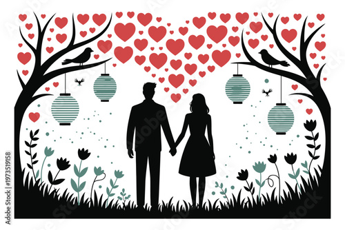 Romantic couple holding hands under heart shaped tree with birds and lanterns, illustration celebrating love and relationships on Valentines day