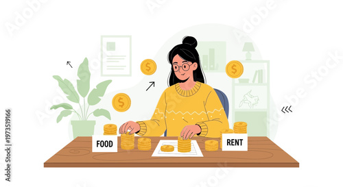 Woman budgeting money for food and rent, counting coins at table, financial planning