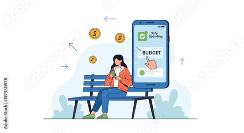 Woman Budgeting Money on Phone App, Coins Flying, Financial Planning Concept