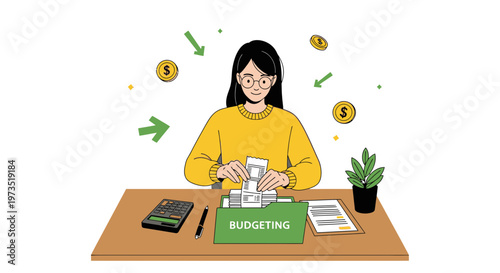 Woman Budgeting Money with Coins and Arrows, Financial Planning Concept