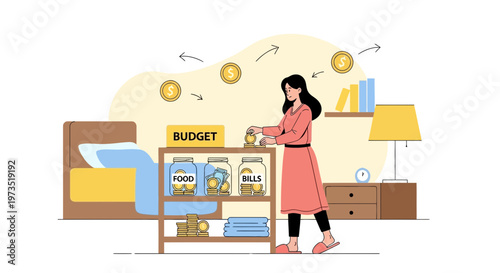 Woman Budgeting Money, Saving Coins for Food and Bills, Financial Planning