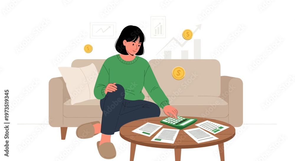 Fototapeta premium Woman Calculating Finances at Home, Budgeting Money, Savings and Investment Concept