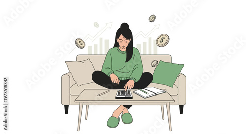 Woman calculating finances on sofa with coins and growth chart background