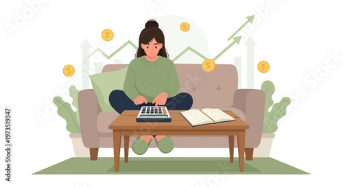 Woman calculating finances on sofa with growth chart and coins, home budgeting concept