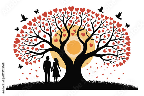 Romantic couple silhouette standing under heart shaped leaf tree during sunset vector illustration for valentines day wedding card design