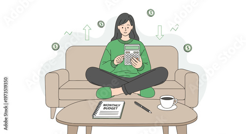 Woman calculating monthly budget on sofa with coffee and notebook
