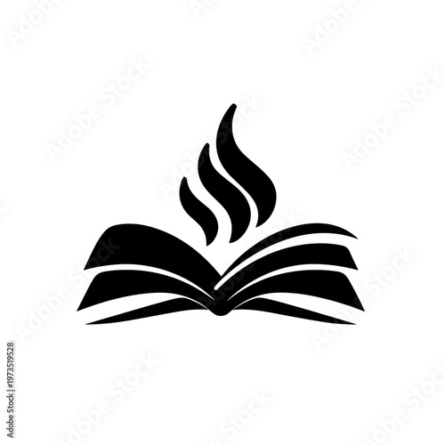 Open book with rising abstract flame symbol in a bold minimal silhouette design. Concept of inspiration, creative thinking and intellectual awakening through education, vector illustration isolated on