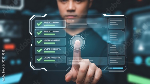 Businessman pressing virtual button on touchscreen interface