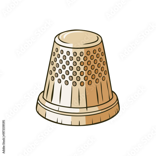 Illustration of a golden sewing thimble with textured surface and circular perforations