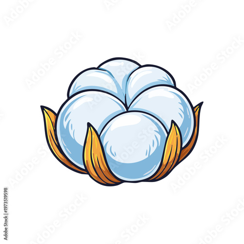 Illustration of a fluffy cotton boll with natural green leaves and white fluff