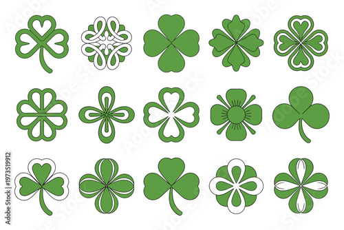 Set of various green four-leaf clover icons, representing good luck and prosperity on transparent background