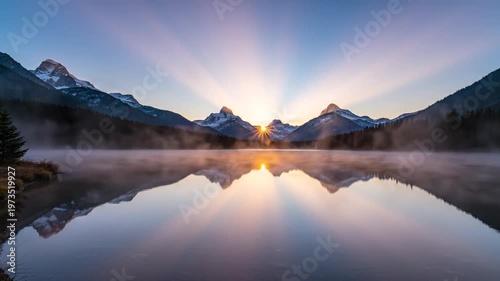 Misty mountain lake reflects snowy peaks at tranquil sunrise