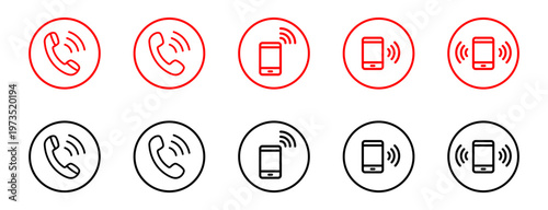 Red outline icons representing phone calls, including handset and smartphone symbols in red and black, symbolize communication and connectivity on a clean background.