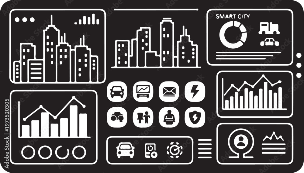 Naklejka premium Smart city icons, urban planning symbols, infographic elements, white on black vector graphics