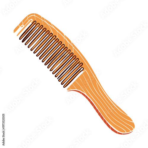 Close up of a wooden hair comb with a simple clean design and textured handle on a white background