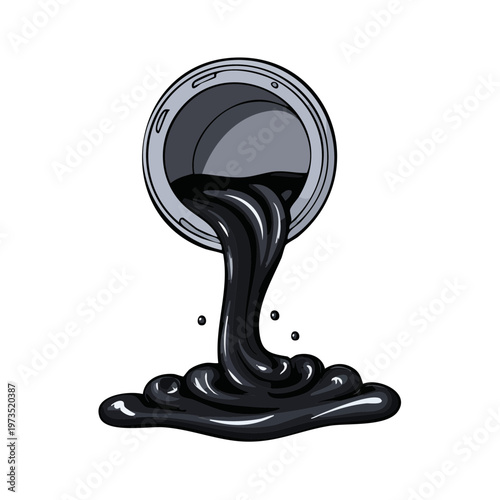Pouring Black Liquid from Can Gooey Viscous Substance Flowing Downwards Droplets