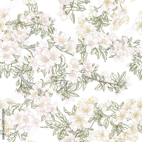 A seamless vector pattern featuring branches of flowering cherry and apple trees. A delicate linear print. Floral wallpaper. A spring background