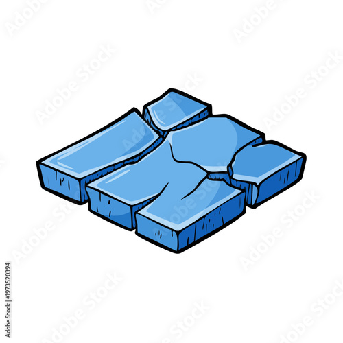 Cracked blue ice floes with straight edges and fractured patterns in a simplified illustration style