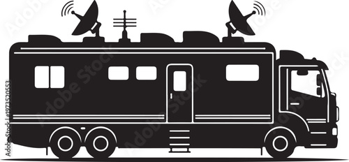 Motorhome, RV, camper van, recreational vehicle, travel trailer, black silhouette, vector icon