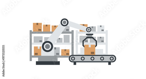 Robotic arms handling cardboard boxes.