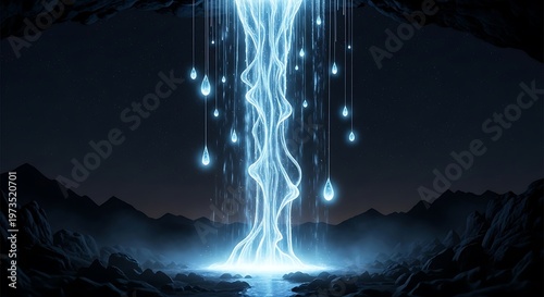Mystical Blue Waterfall in Dark Cave, Fantasy Landscape.