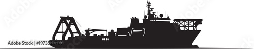 Black silhouette ship, cargo vessel, industrial boat, nautical icon
